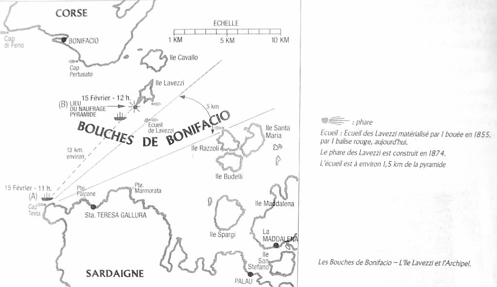 Schéma du naufrage de la Sémillante aux îles Lavezzi. Croisière en Corse